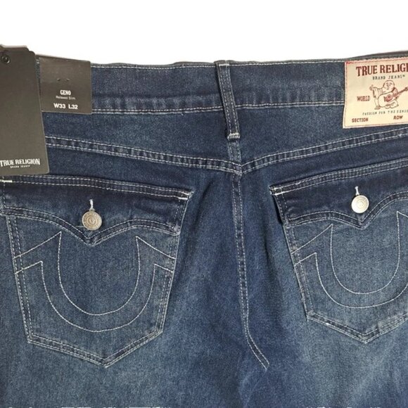 True Religion Geno Relaxed Slim SN Flap Jeans Mens 33x32 Dark Shivering Wash NWT - Picture 9 of 13